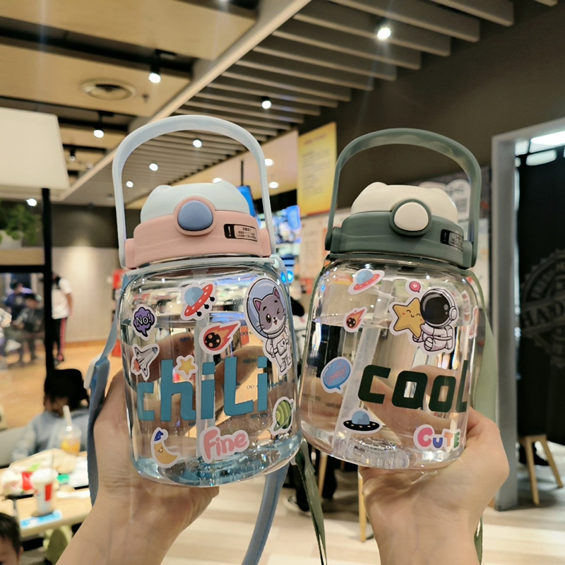可愛小熊杯帶吸管兒童水杯女生高顏值大容量塑料杯學生便攜大肚杯