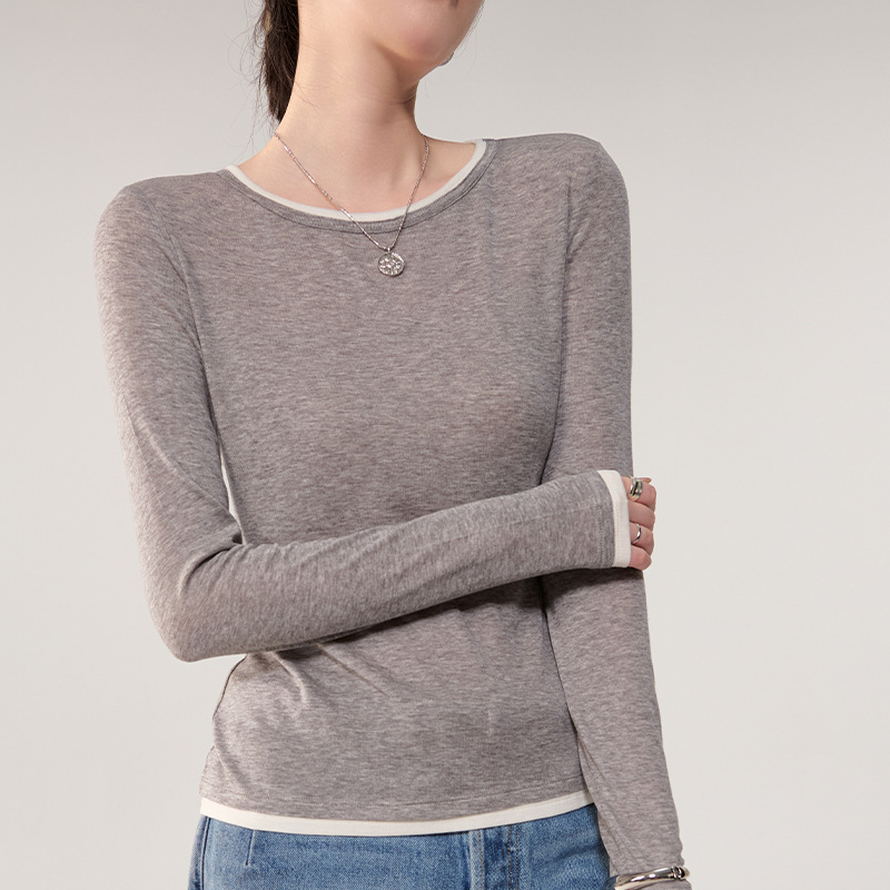 2026 Spring Tencel Wool Cashmere Comfortable High Elasticity Round Neck Color-Block Fake Two-Piece Base Shirt Casual Top for Women