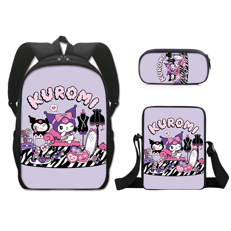 Promoción del nuevo Sanrio Kulomi kuromi mochila para estudiantes bolso de tres piezas bolso pequeño bolso de hombro libro