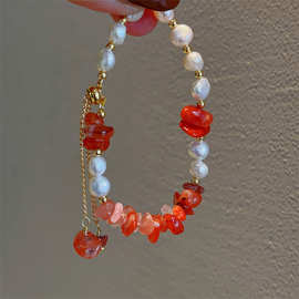 橘色佳色不规则碎石手链女高级感优雅淡水真珍珠手串首饰品