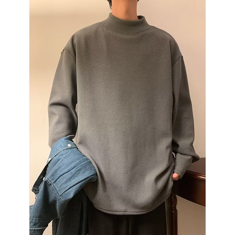 가을과 겨울 반 터틀넥 긴팔 티셔츠 남성 패션 브랜드 탑 옷 스웨터 기모 내부 바닥 셔츠 코트