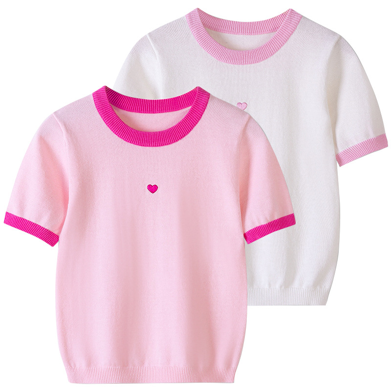 2025 nuevo estilo de algodón de clase A, bordado de amor para niños, camiseta para niñas, ropa para niños, suéter de manga corta, cabello fino de una pieza en verano