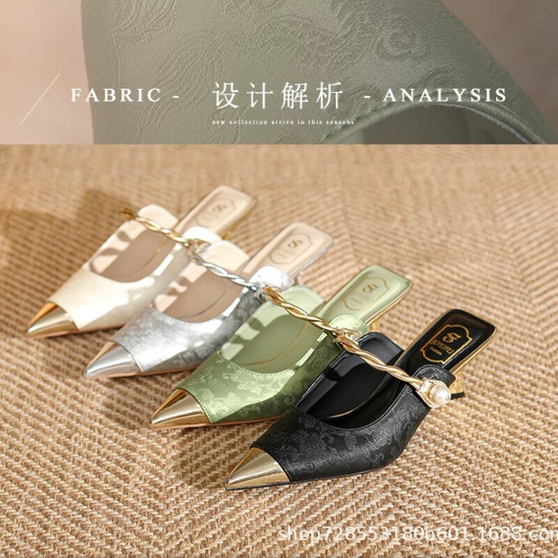 2026 New Chinese-Style Trendy Pointed-Toe Stiletto High-Heeled Sandals for Women, Color-Blocking Fashion with Pearls, Versatile and Elegant