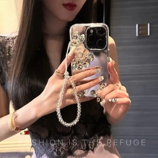 Suitable for Apple 16Pro Bracelet Lanyard Mirror Phone Case iPhone15Plus Rhinestone Flower Makeup Mirror 14