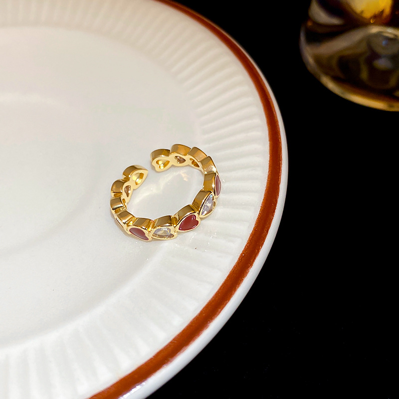 Bague ouverte en or véritable plaqué or avec zircon en forme de cœur et goutte d'huile, pour femme. Bague polyvalente et élégante pour l'index, à la fois tendance et simple._voghion.com