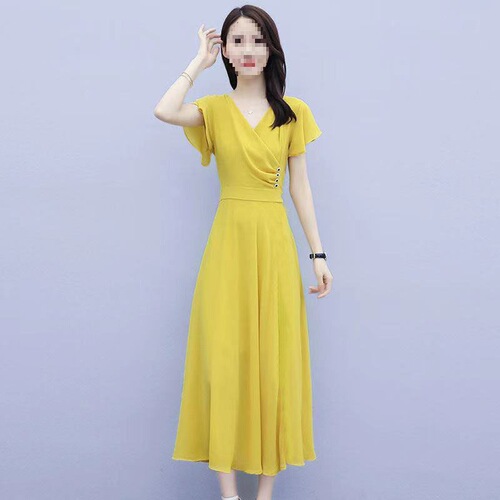 Fashionable dress New summer large-size women's clothes waist waist to show slimming temperament V-neck fashionable dress