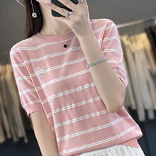 夏季新款曲珠冰丝短袖女式圆领爱心刺绣三分袖T恤衫条纹间色内搭