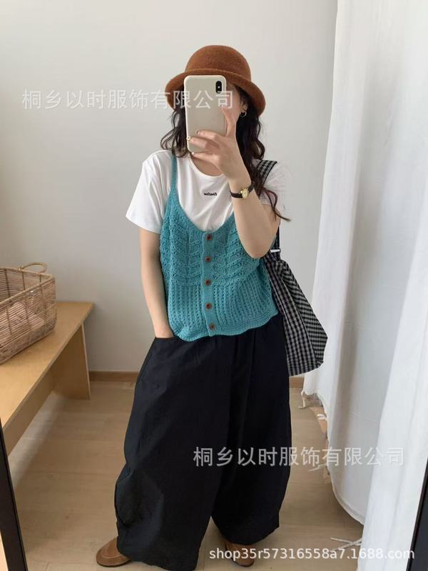 以时 韩系早秋新品得穿针织吊带 减龄设计感镂空羊毛混纺针织背心|undefined