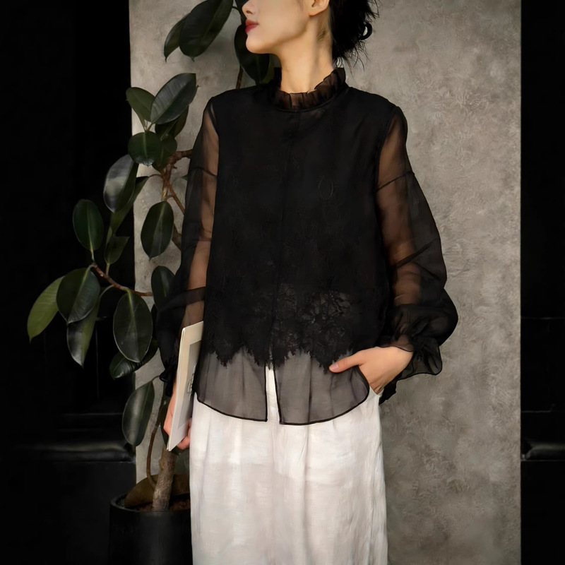 Spring New Style Ethereal and Elegant Lace Fluttering Silk Organza Blouse for Women, Nanyou Wholesale
