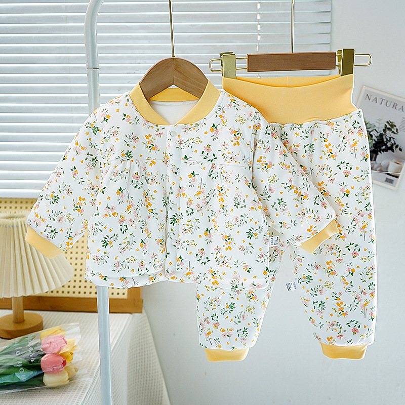 Delicate yellow flower stand collar opposite door-cotton high waist suit