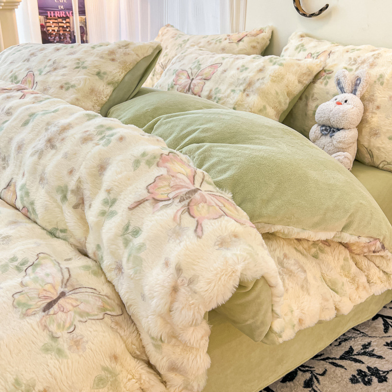 2024 nuevo traje de cuatro piezas de felpa de conejo de invierno más terciopelo de lana de leche franela de coral funda de edredón sábana de invierno