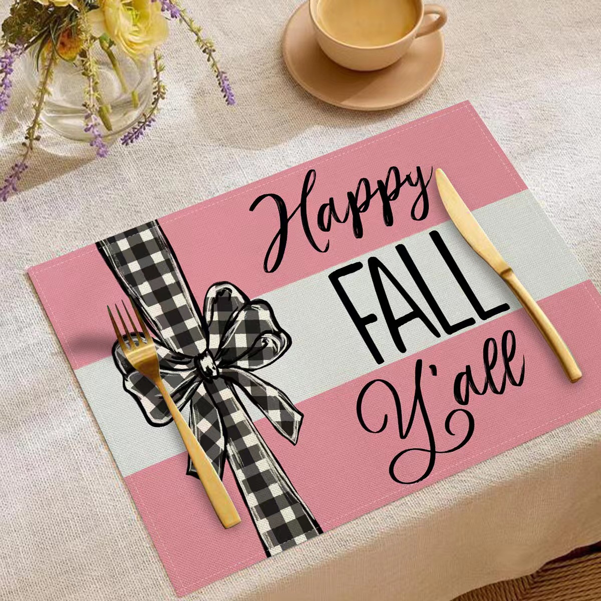 Transfronterizo temu explosión Día de Acción de Gracias otoño calabaza lino estampado conjunto lino estampado mesa de restaurante