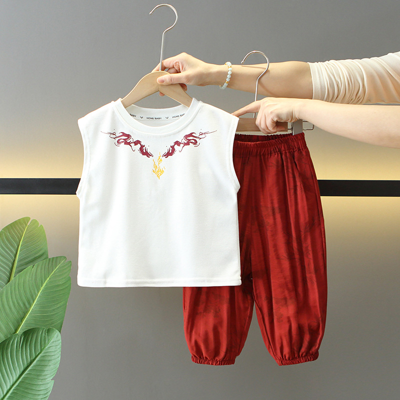 8082 traje de chaleco de verano para niños 2025 nuevo estilo ropa delgada de verano para niños pantalones anti-mosquitos para niños de dos piezas