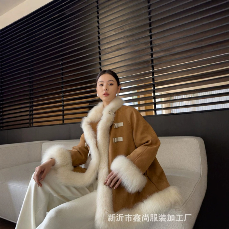 2024 Winter New Faux Fox Fur Women's Korean Style Cloak White Duck Down Jacket Suede Mid-length Coat