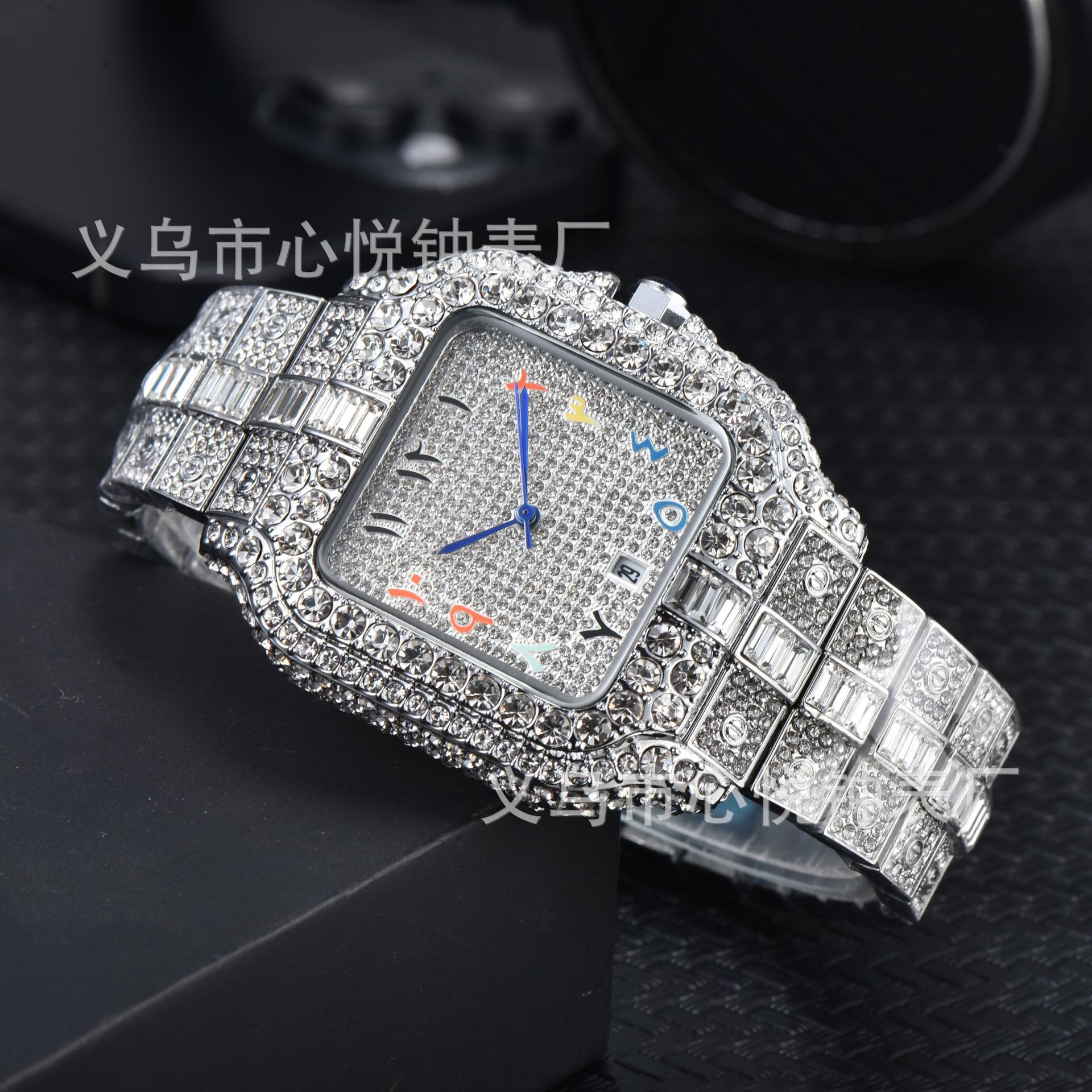 Foreign Trade Explosions Cross-border Hot Selling Fashion Square Diamond Full Diamond Roman Pattern Graduated Men's Watch Women's Watch Quartz Watch