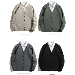 Solid Color V Neck Cardigan Knitwear Jacket Men's Spring and Autum Trendyy New Fashion Casual Retro Knitwear Knitwear