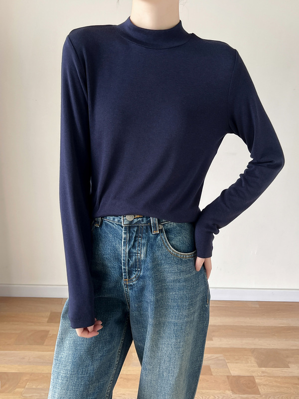 实力工厂莱赛尔天丝醋酸羊毛打底衫女半高领正肩长袖T恤修身内搭|undefined