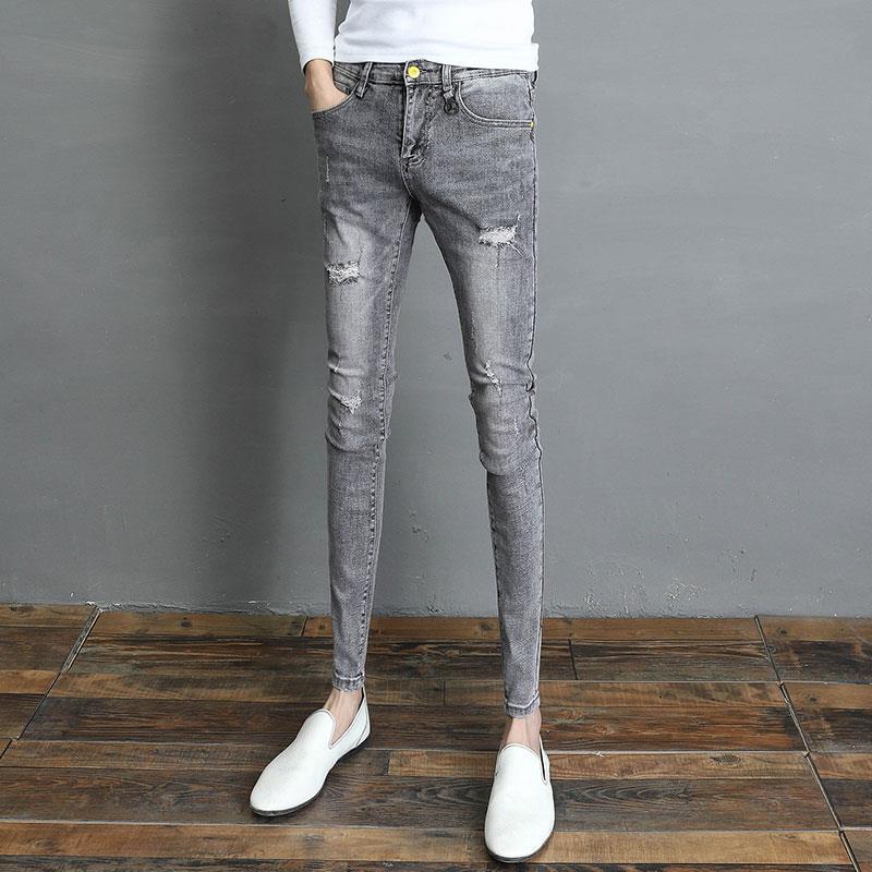 Men's Slim-Fit Ripped Jeans Gray Korean Style Trendy Cropped Pants for Young Hairstylists Slimming Long Pants