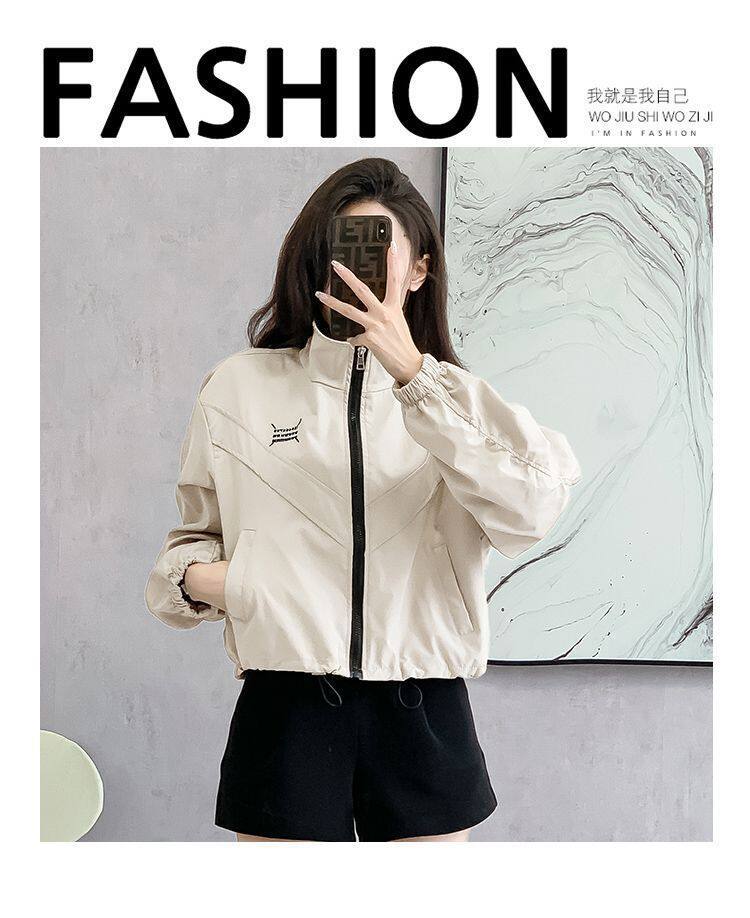 Áo khoác nữ dáng ngắn chiết eo cổ đứng khóa kéo phong cách casual — Màu lúa mì, Màu trắng ngà, màu đen chi tiết 12