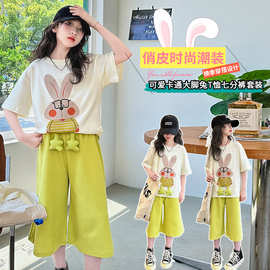 女童夏季薄款短袖T恤衫套装中大童2025夏季新款时髦七分裤两件套