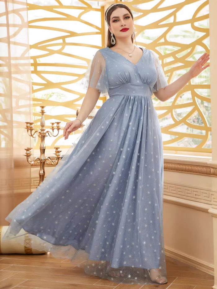 21988 comercio exterior venta caliente niebla azul estrella grande vestido de noche mujer V-collar elegante camisa de red