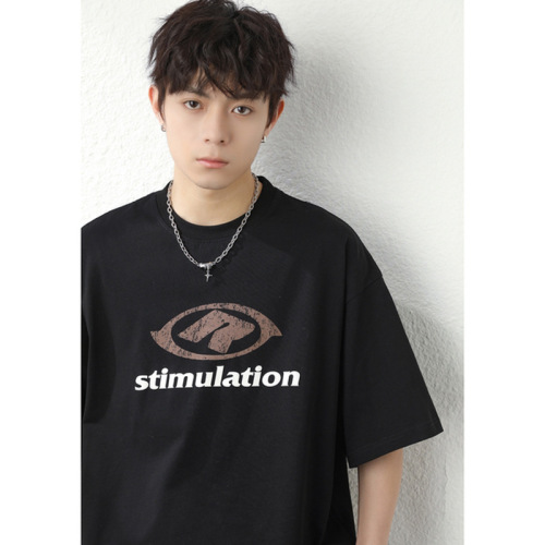 Color-block letter print short-sleeve t-shirt for men, summer round neck t-shirt, Japanese-style loose texture pure cotton half-sleeve q