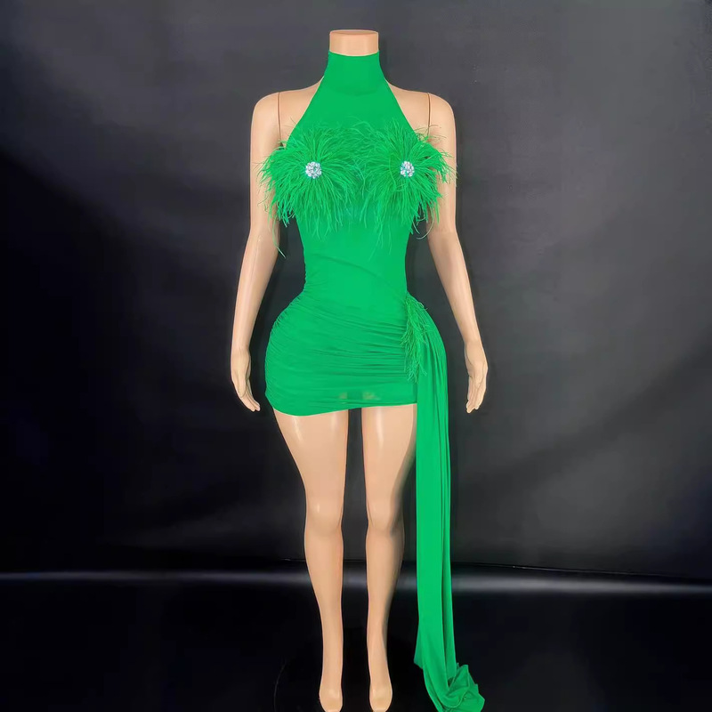 Ostrich hair pleated ribbon dress European and American cross-border stage party beauty pageant evening dress