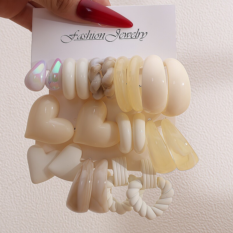 European and American Resin Earring Set, Multi-Shaped Heart-Shaped and Water-Drop C-Shaped Earring Combination Light Luxury and High-End Feel European and American Resin Earring Set, Multi-Shaped Heart-Shaped and Water-Drop C-Shaped Earring Combination Light Luxury and High-End Feel