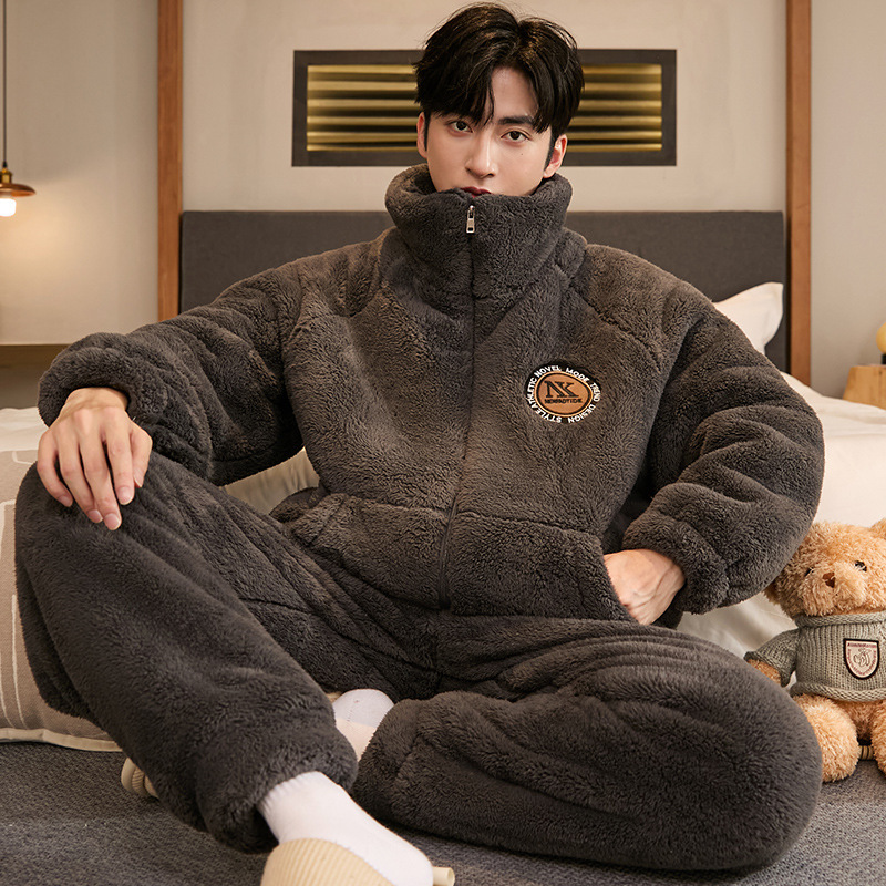 Autumn and Winter Pajamas Men's Coral Velvet Hooded Thickeneded 2025 New Cartoon Junior High School Student Home Clothes Set