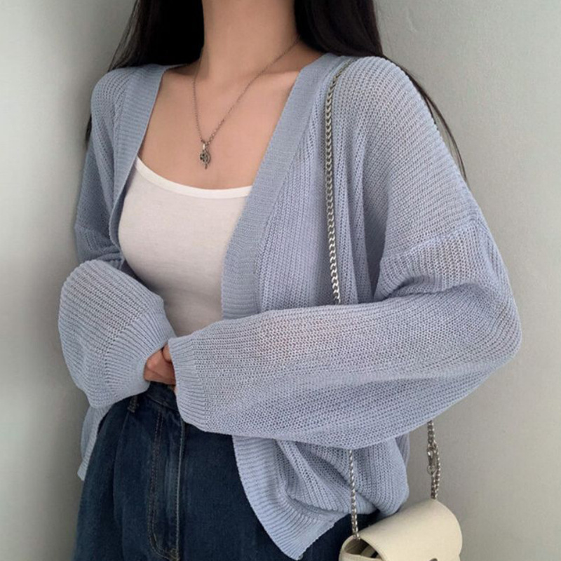 Korean Chic Autum French Lazy Style V Neck Loose Casual Versatile Long-Sleeved Thin Knitted Cardigan Women's Top