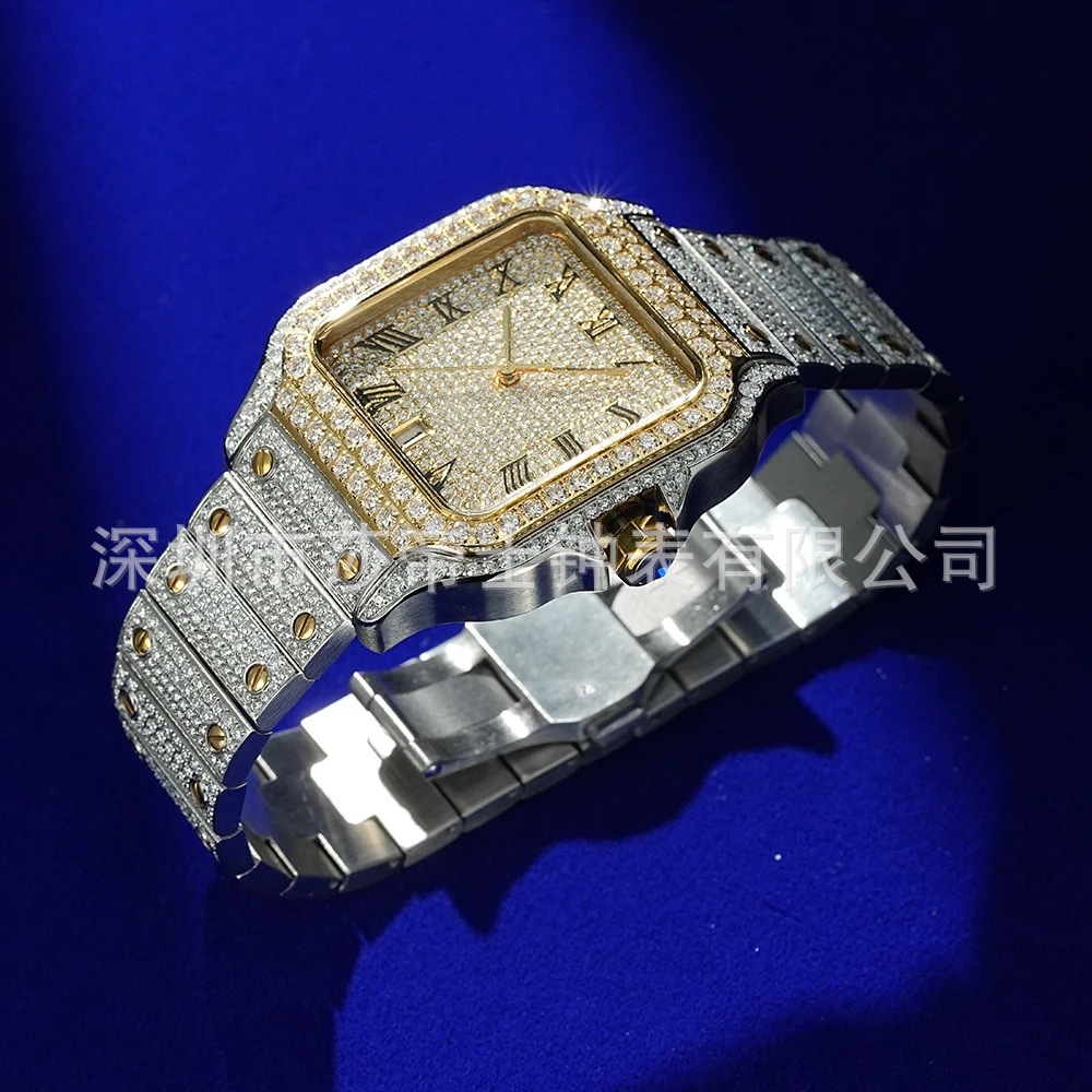 2025 Men's Luxury Diamond Watch Hip-Hop Style Opulent Iced-Out Watch Fashion Square Stainless Steel Clock
