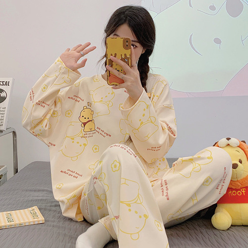 Cotton pyjamas for women, suitable for spring and autumn, long sleeves, long pants, cute cartoon style for girls, round neck, turtleneck, can be worn outside, home wear set