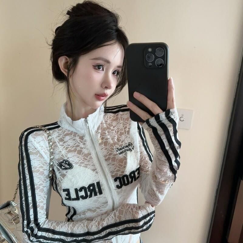American-Style Sports Lace Long-Sleeve T-Shirt for Women, Summer Pure Desire Spicy Girl Short Stand-Collar Top, Sun-Protective Cardigan Cover-Up