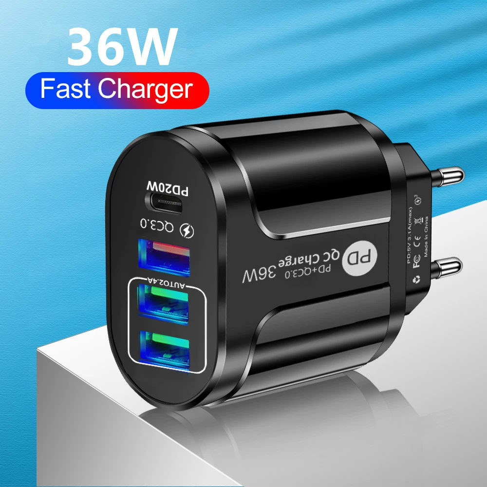 36W Многофункциональная зарядка для мобильного телефона с PD+QC3.0, 2.4A, Европа и США, быстрая зарядка, адаптер на 3 USB с USB-C PD входом