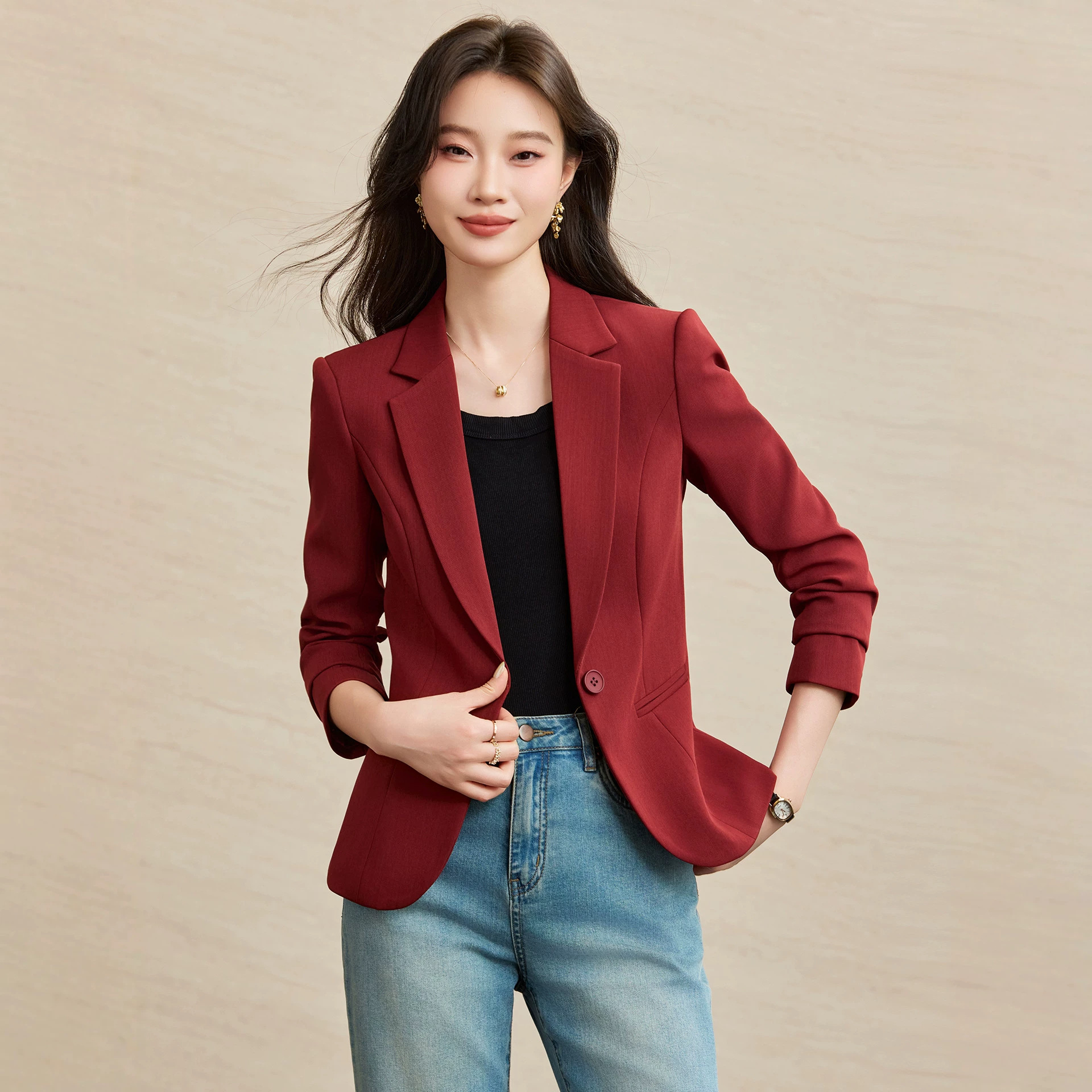 Burgundy women's suit jacket, autumn 2026 new style, casual slim fit, petite mother's top, short blazer.