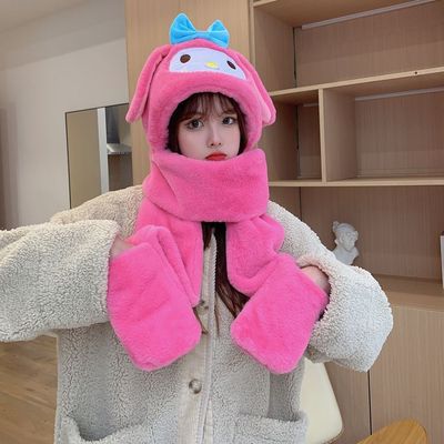 美蒂粉圍巾帽子手套三件套壹體秋冬學生防風保暖甜美顯白毛毛圍脖