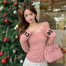 舒肤绒螺纹磨毛T恤女秋冬新款修身小清新字母保暖内搭打底衫上衣