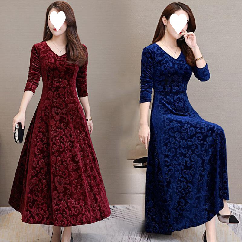 2026 Spring and Autumn New Style Slim Fit Flared Dress for Moms, Plus Size Women's Velvet Long Sleeve Dress, Long Style