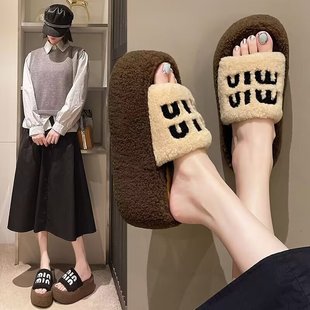 Super Thick Bottom Explosions Small Lamb Wool Slippers Women's Autumn and Winter Outer Wear High-end 2024 New Style Cotton Slippers