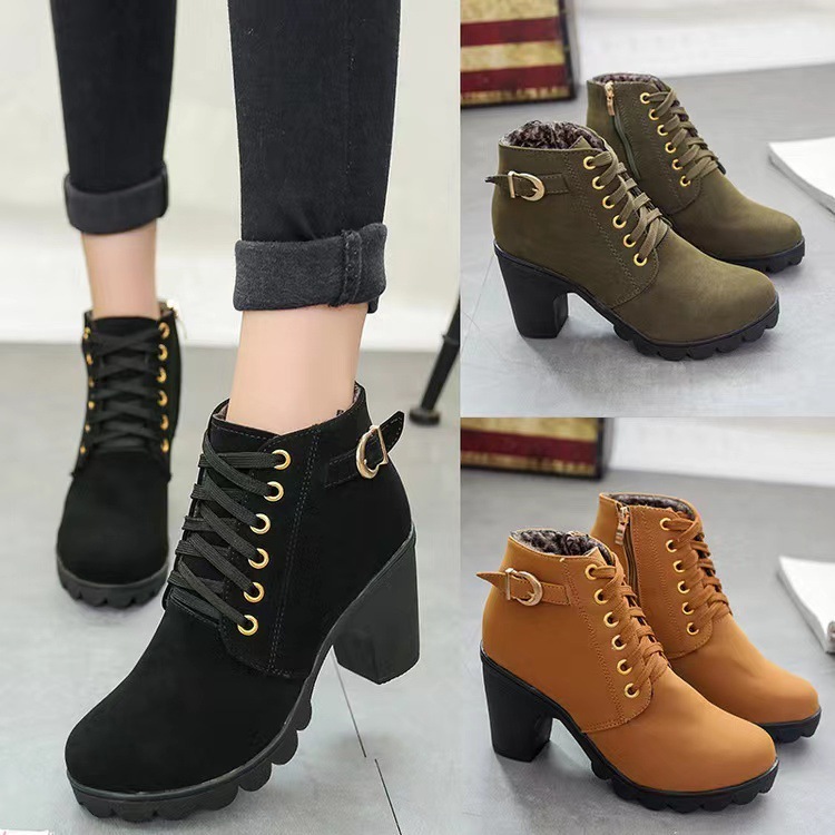 Autumn High Heel Single Boots with Belt Buckle Women's Shoes Thick Heel Short Boots Round Toe Martin Boots Women's Lace-Up and Naked Boots Knight Boots