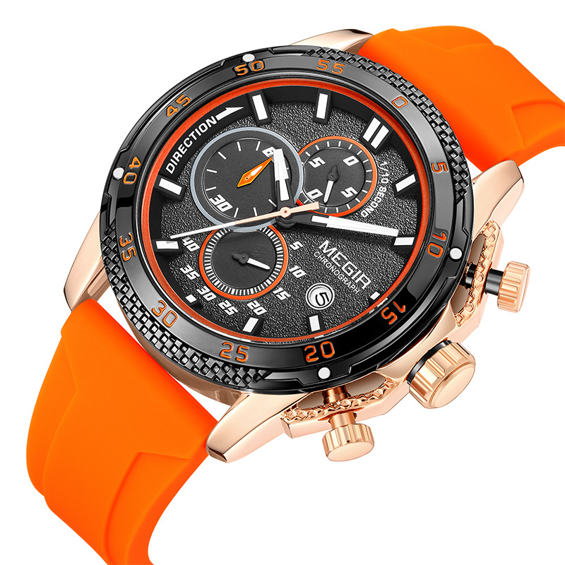 Megir Cross-Border Wholesale Multi-Function Chronograph Three-Eye Silicone Strap Luminous Calendar Men's Watch 2211