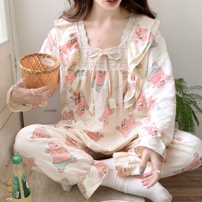 Francés dulce floral manga larga de algodón fresco pijamas chica otoño e invierno en línea estilo rojo 2023 nuevo desgaste casero