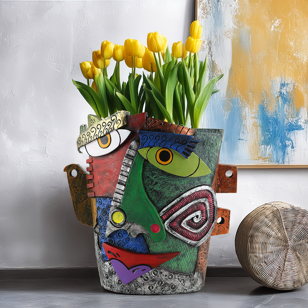  New Creative Face Frowning Abstract Colorful Flower Pot Personalized Resin Craft Courtyard Garden Home Ornaments
