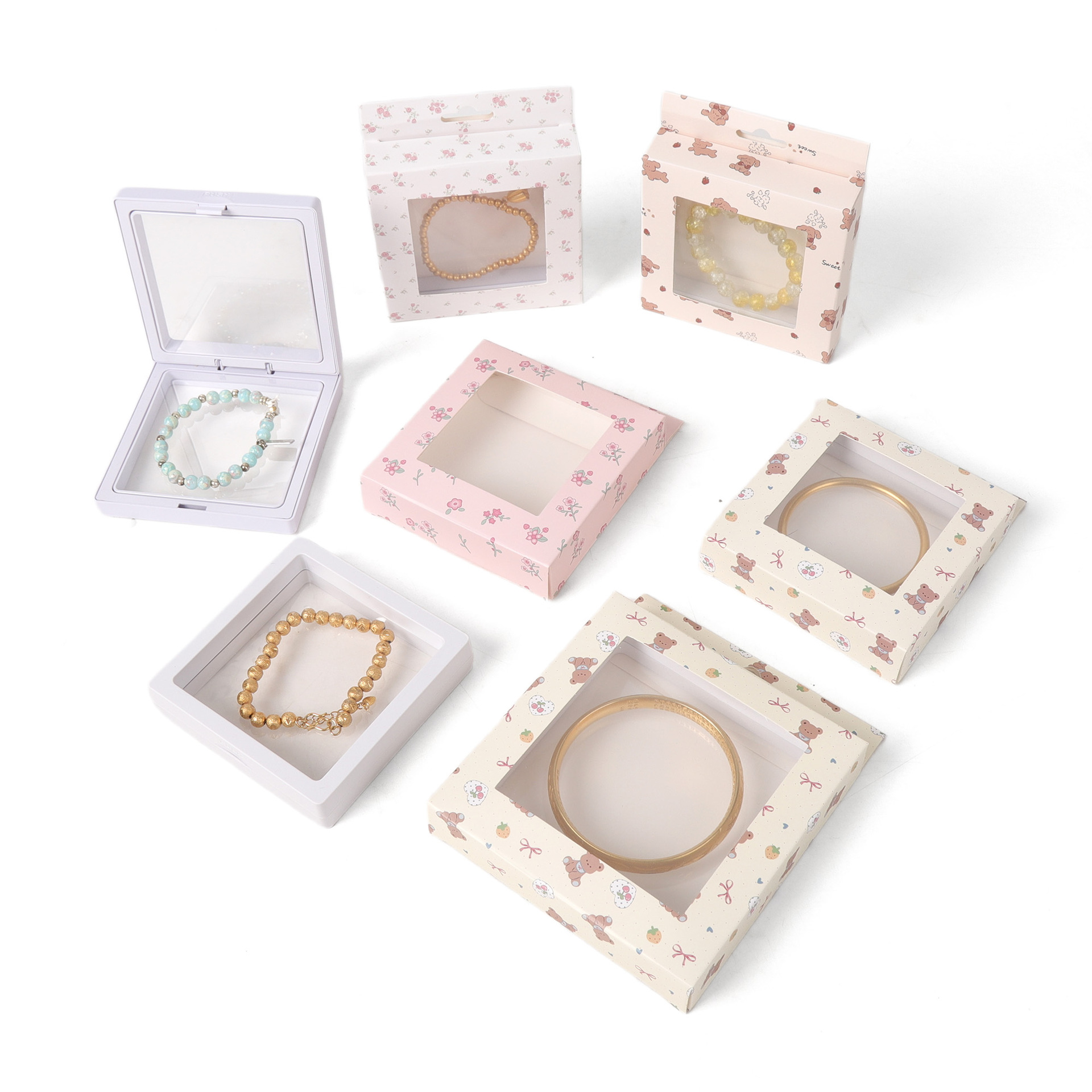 Caja de película de patrón personalizado PVC cubierta de papel de ventana impresa de flor de trampa lindo viento adaptado PE caja de joyería embalaje de cartón