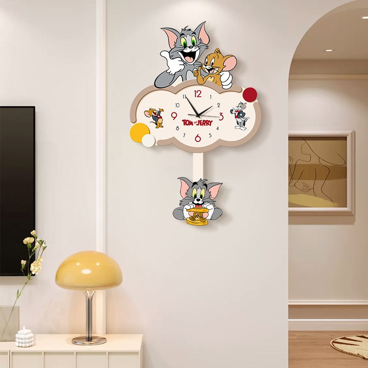 Tom and Jerry Cartoon Clock Tv Background Wall Hanging Clock Silent Swing Wall Clock Punch-Free Living Room Wall Clock