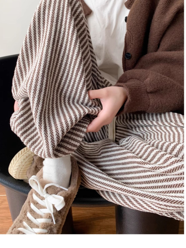 咖色竖条纹毛呢裤女春秋新款韩版复古直筒春秋冬拖地松紧腰阔腿裤|undefined