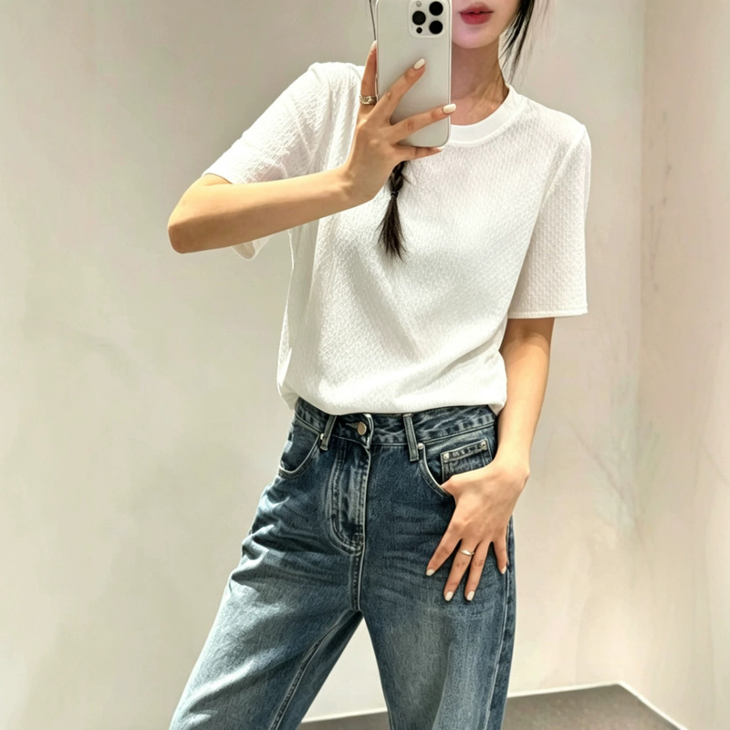 Silk Crepe Ribbed Collar Short-Sleeve Top Summer Simple Casual Skin-Friendly Soft Versatile Shirt