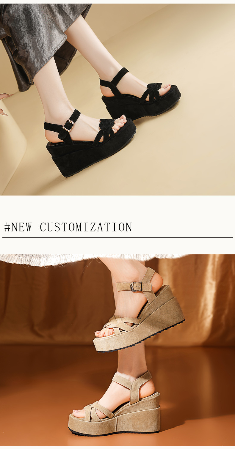 Sandal cao gót nữ hở mũi quai một chữ khóa, đế dày 10 cm, chất liệu da cừu lật dệt — đen chi tiết 5