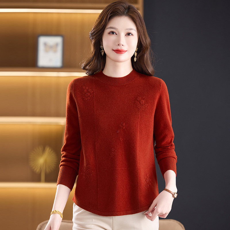 新款圆领100%纯羊毛衫女毛衣秋冬宽松大码洋气中年妈妈羊绒打底衫
