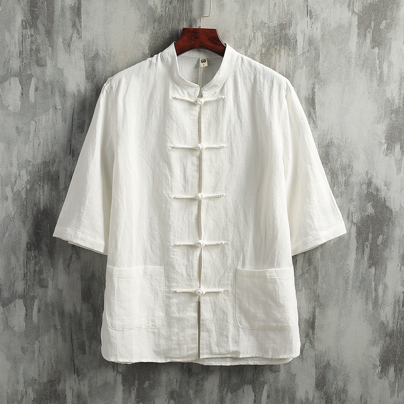 Chinese Style Chinese Collar Linen Shirt Men's Short-sleeved New Chinese Tang Coat Retro Style Cotton Linen Shirt Zhongshan Top